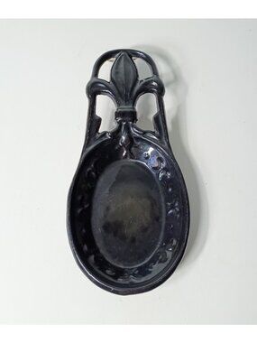 Vintage Enameled Cast Iron Spoon Rest Fleur de Lis Black Rustic